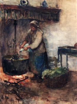 艾伯特 納赫伊斯 A cottage Interior With A Peasant Woman Preparing Supper